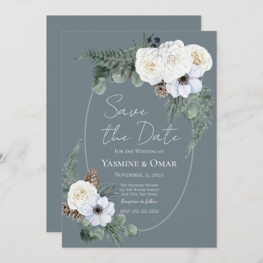 Elegant Modern Wit Bloemen en Slate Grey Bruiloft Kaart (Voorkant / Achterkant)