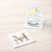Elegant Modern Wit Goud Monogram Naam Script Vierkante Kartonnen Onderzetter (Insitu)
