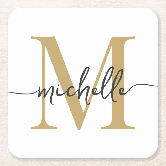 Elegant Modern Wit Goud Monogram Naam Script Vierkante Kartonnen Onderzetter (Voorkant)