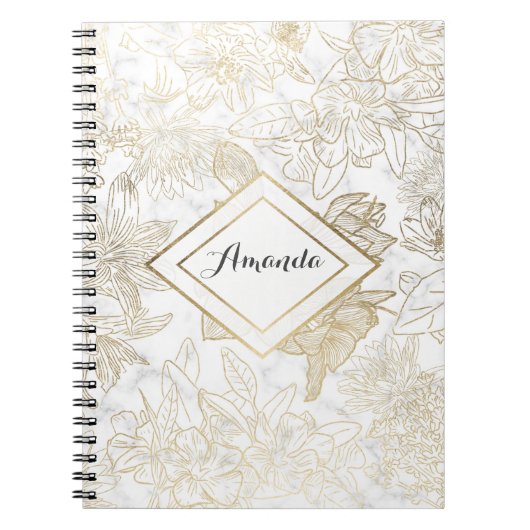 Elegant modern wit grijs goud marmer bloemen notitieboek (Voorkant)