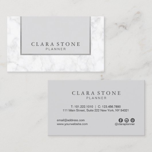 Elegant modern wit marmer grijs en zilver visitekaartje (Voorkant / Achterkant)