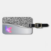 Elegant modern zilver glitter, metaal, hoge hoogte bagagelabel (Voorkant horizontaal)