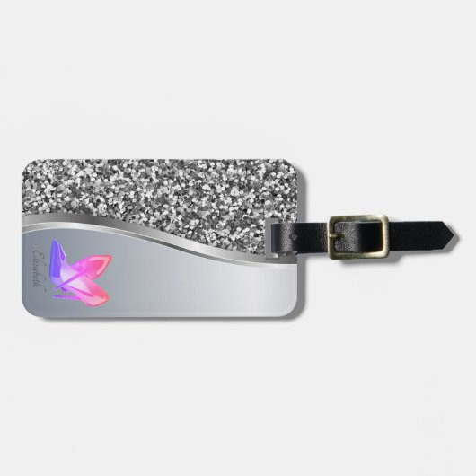 Elegant modern zilver glitter, metaal, hoge hoogte bagagelabel (Voorkant horizontaal)