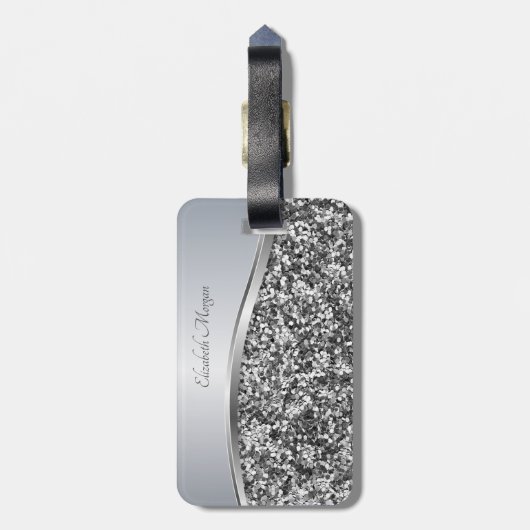 Elegant modern zilver glitter, metaal, hoge hoogte bagagelabel (Achterkant verticaal)