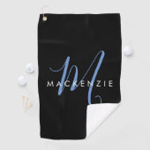 Elegant Modern Zwart Blauw Script Monogram Golfhanddoek (Insitu)