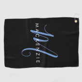 Elegant Modern Zwart Blauw Script Monogram Golfhanddoek (Horizontaal)