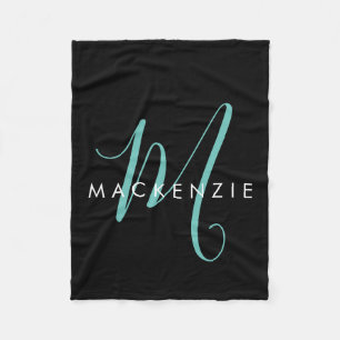 Elegant modern zwart Blauwgroen Script-monogram Fleece Deken