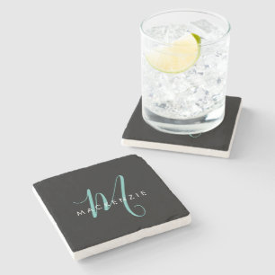 Elegant modern zwart Blauwgroen Script-monogram Stenen Onderzetter