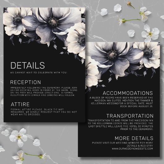 Elegant Modern Zwart Bloemen Bruiloft Details Informatiekaartje
