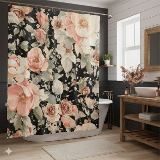 Elegant Modern Zwart Bloemmotief Douchegordijn