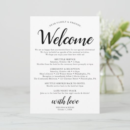 Elegant Modern Zwart Bruiloft Reisschema Programma (Staand voorkant)