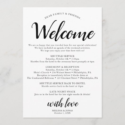 Elegant Modern Zwart Bruiloft Reisschema Programma (Voorkant)