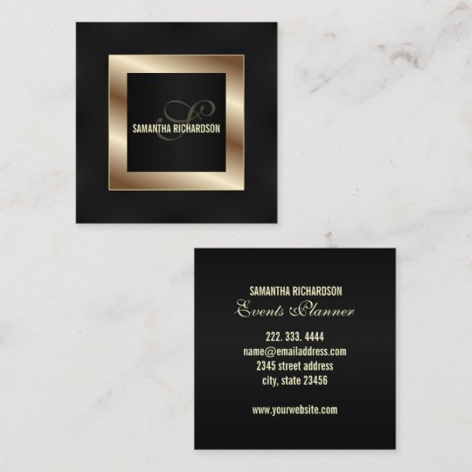 Elegant Modern Zwart en Faux Gold Script Vierkante Visitekaartje (Voorkant / Achterkant)