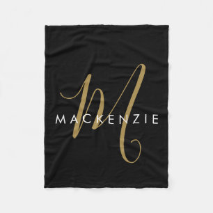 Elegant modern zwart Gold Script-monogram Fleece Deken