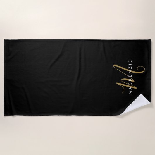 Elegant modern zwart Gold Script-monogram Strandlaken (Voorkant)