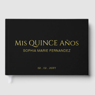 Elegant Modern Zwart Goud Foto Quinceañera Gastenboek