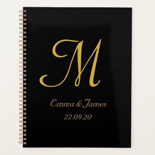 Elegant Modern Zwart Goud Monogram Script Bruiloft Planner (Voorkant)