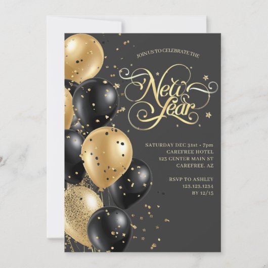 Elegant modern zwart goud oudejaarsfeest kaart (Voorkant)