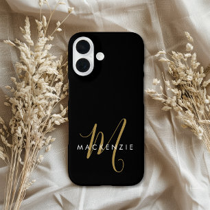 Elegant Modern Zwart Goud Schrift Monogram iPhone 16 Hoesje