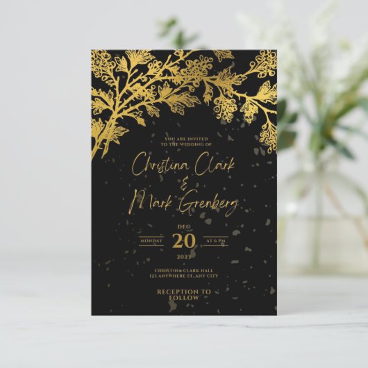 Elegant Modern Zwart Gouden Bruiloft Uitnodiging (Staand voorkant)