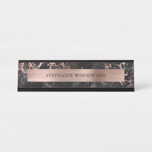 Elegant Modern Zwart Marmer Geborsteld Roze Goud F Bureau Naambordje