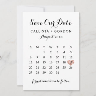 Elegant modern zwart Roos Gold Heart Calendar Save The Date