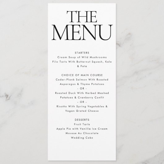 Elegant modern zwart wit bruiloft diner menu (Voorkant)