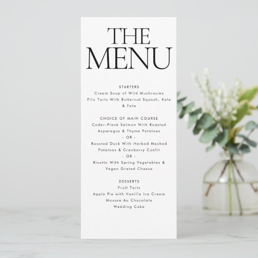 Elegant modern zwart wit bruiloft diner menu (Staand voorkant)