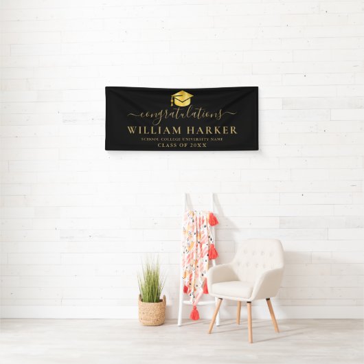 Elegant modern zwart-witscript en Afstuderen Gold  Spandoek (Insitu)
