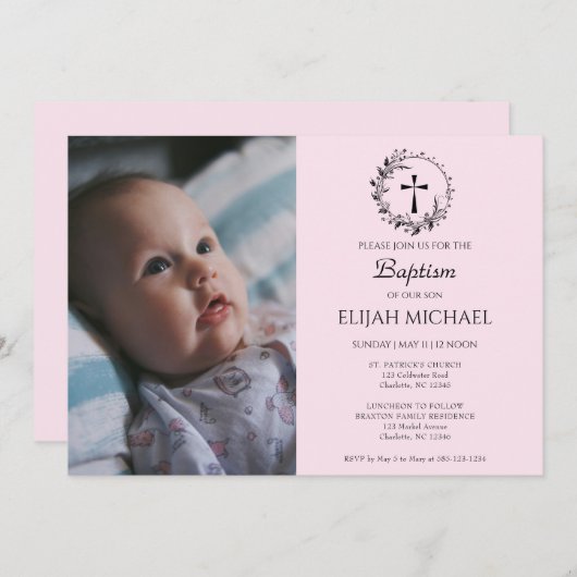 Élégant moderne bébé rose Baptême Invitation (Devant / Derrière)