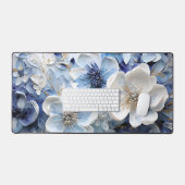 Élégant Moderne Botanique Florale Bleu Blanc (Clavier et souris)