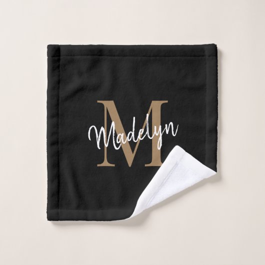 Élégant moderne chic noir Monogramme or (Gant de toilette)