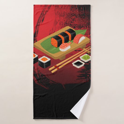 Élégant Moderne Chic Sushi Noir & Rouge (Serviette de bain)