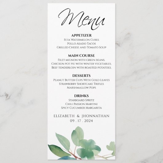 Elégant Moderne Eucalyptus Green Menu Mariage (Devant)