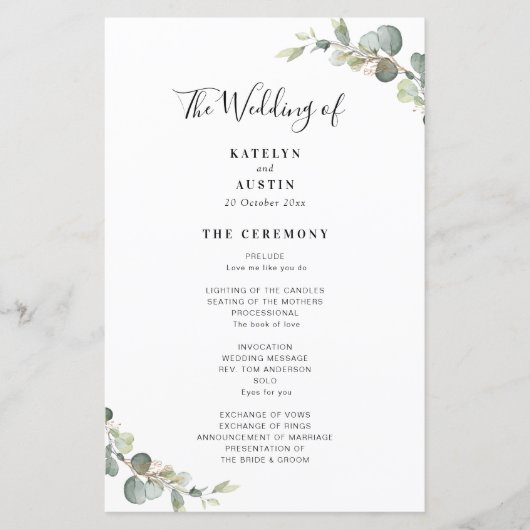 élégant moderne Eucalyptus programme de mariage ve (Devant)