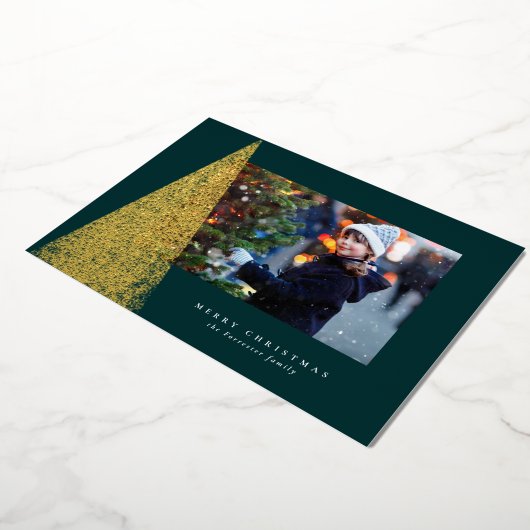 Elegant moderne kerstboom met één foto groen goud folie feestdagenkaart (Gedraaid)