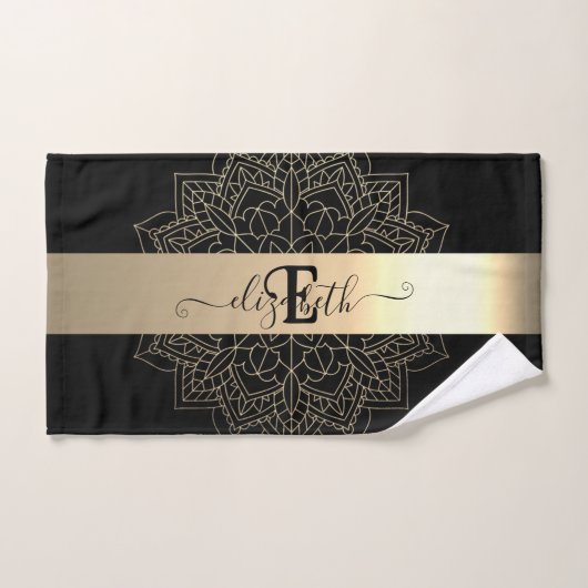 Élégant Moderne Mandala Floral à Rayure Noir Or (Serviette à main)