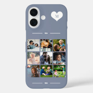 Elegant monogram 9 foto collage blauw iPhone 16 hoesje