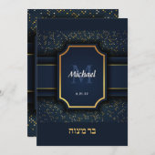 Elegant Monogram Bar Mitzvah Navy Gold Invitation Kaart (Voorkant / Achterkant)