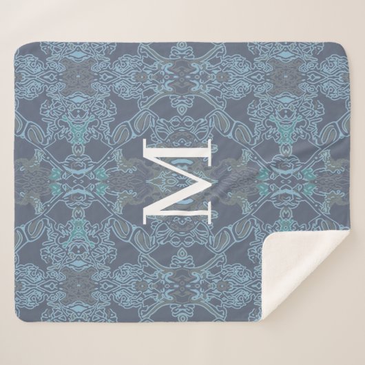 Elegant Monogram Barokpatroon in Blauwe Tinten Sherpa Deken (Voorkant (horizontaal))