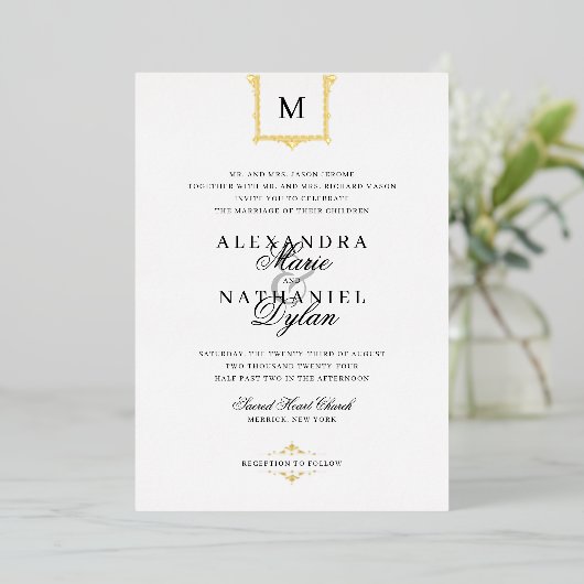 Elegant  Monogram Black and White Wedding I Folie Uitnodiging (Staand Voorkant)