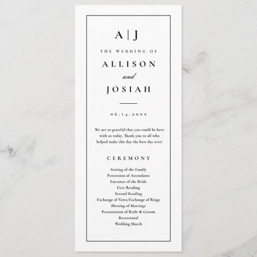 Elegant Monogram Black and White Wedding Programma (Voorkant)