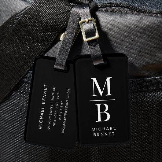 Elegant Monogram Black Bagagelabel