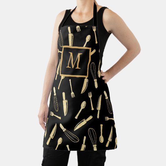 Elegant Monogram Black en Gold Kitchen-gereedschap Schort (Insitu)