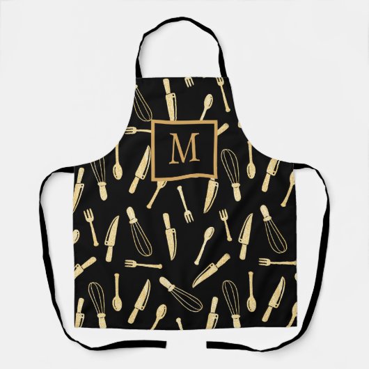 Elegant Monogram Black en Gold Kitchen-gereedschap Schort (Voorkant)