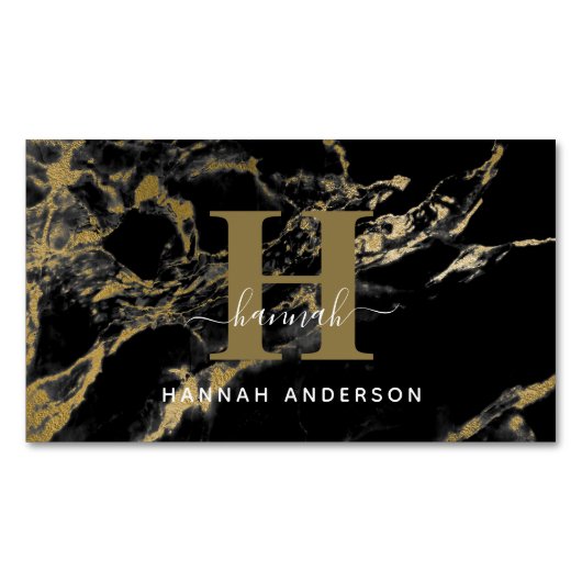 Elegant Monogram Black en Gold  Magnetisch Visitekaartje (Voorkant)