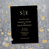 Elegant Monogram Black en Gold Weddenschap Folie Uitnodiging