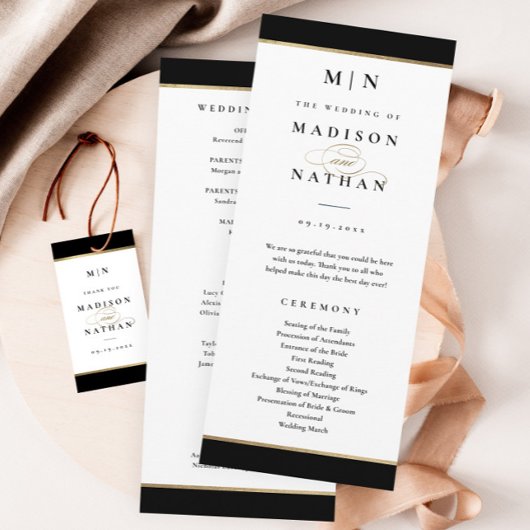 Elegant Monogram Black en Gold Wedding Programma