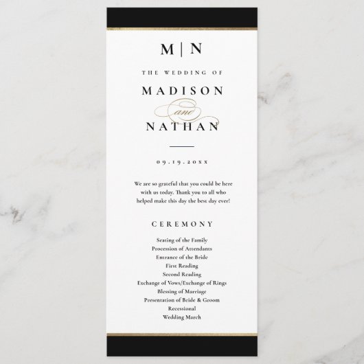 Elegant Monogram Black en Gold Wedding Programma (Voorkant)