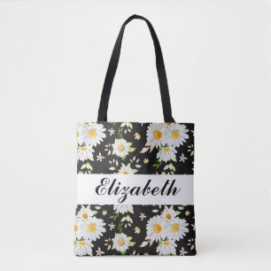 Elegant Monogram Black en White Daisy Pattern Draagtas